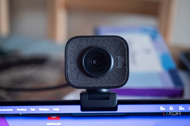 Logitech StreaCam on top of a laptop, facing the camera