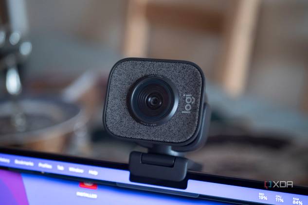 Logitech StreaCam on top of a laptop, facing the camera