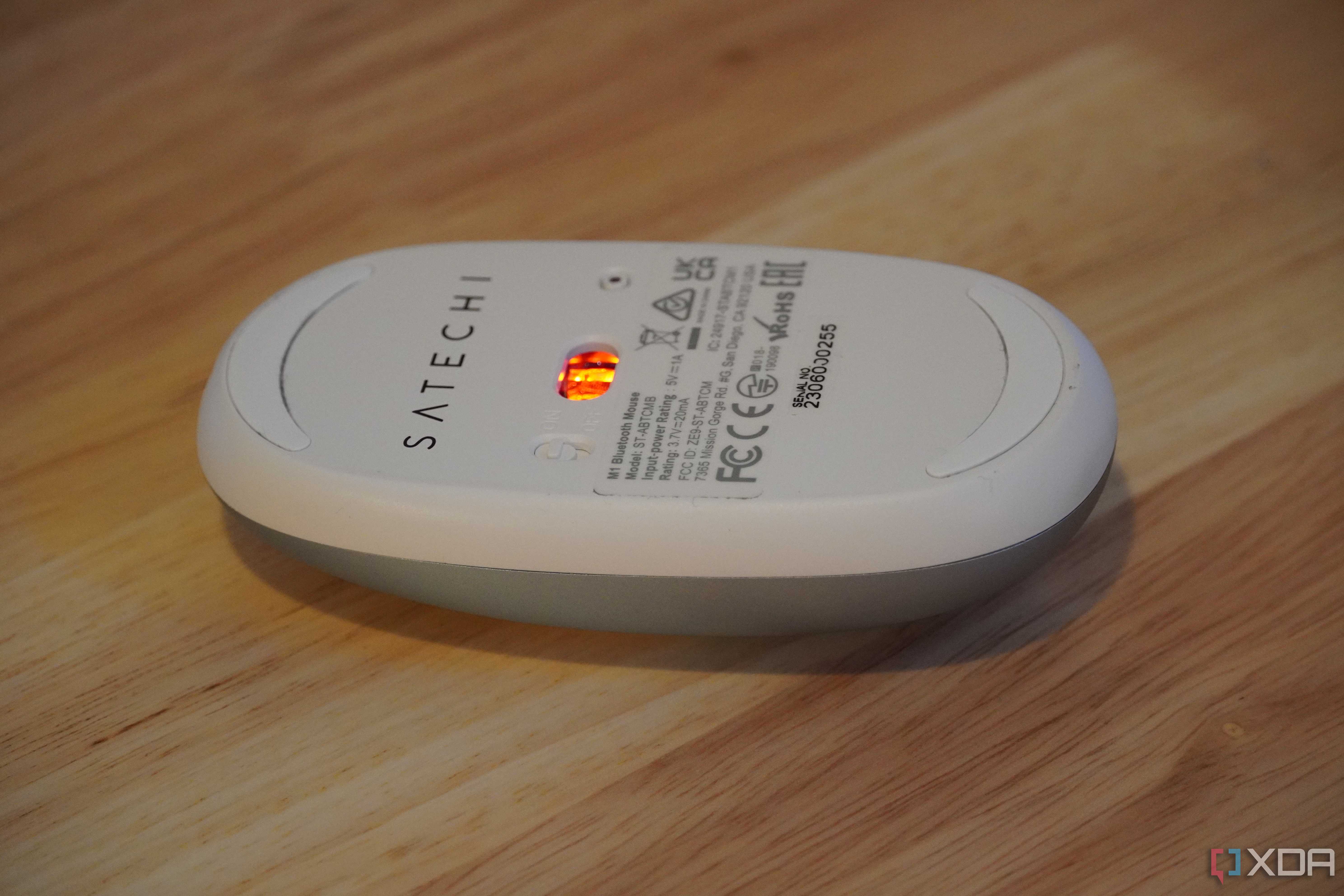 The optical sensor on a Satechi M1 mouse.