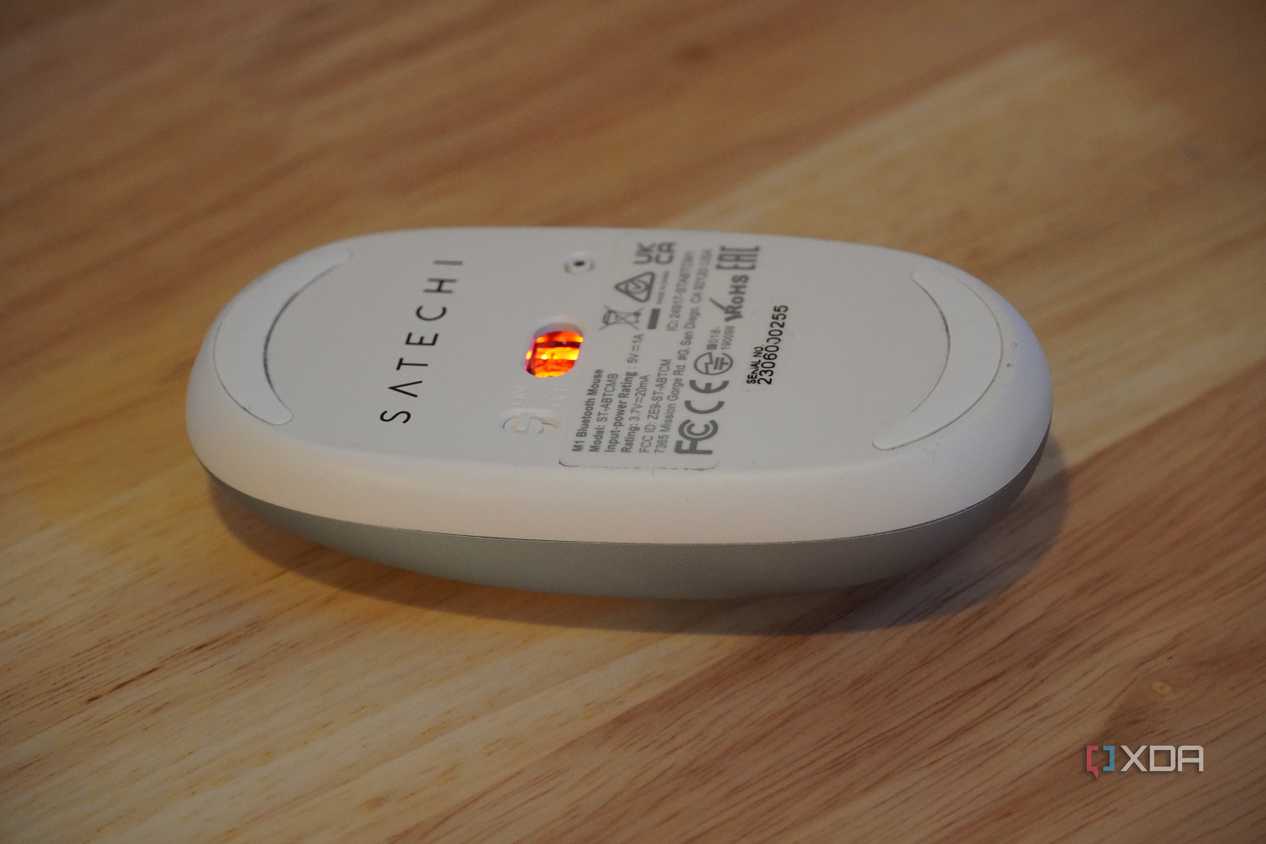 The optical sensor on a Satechi M1 mouse.