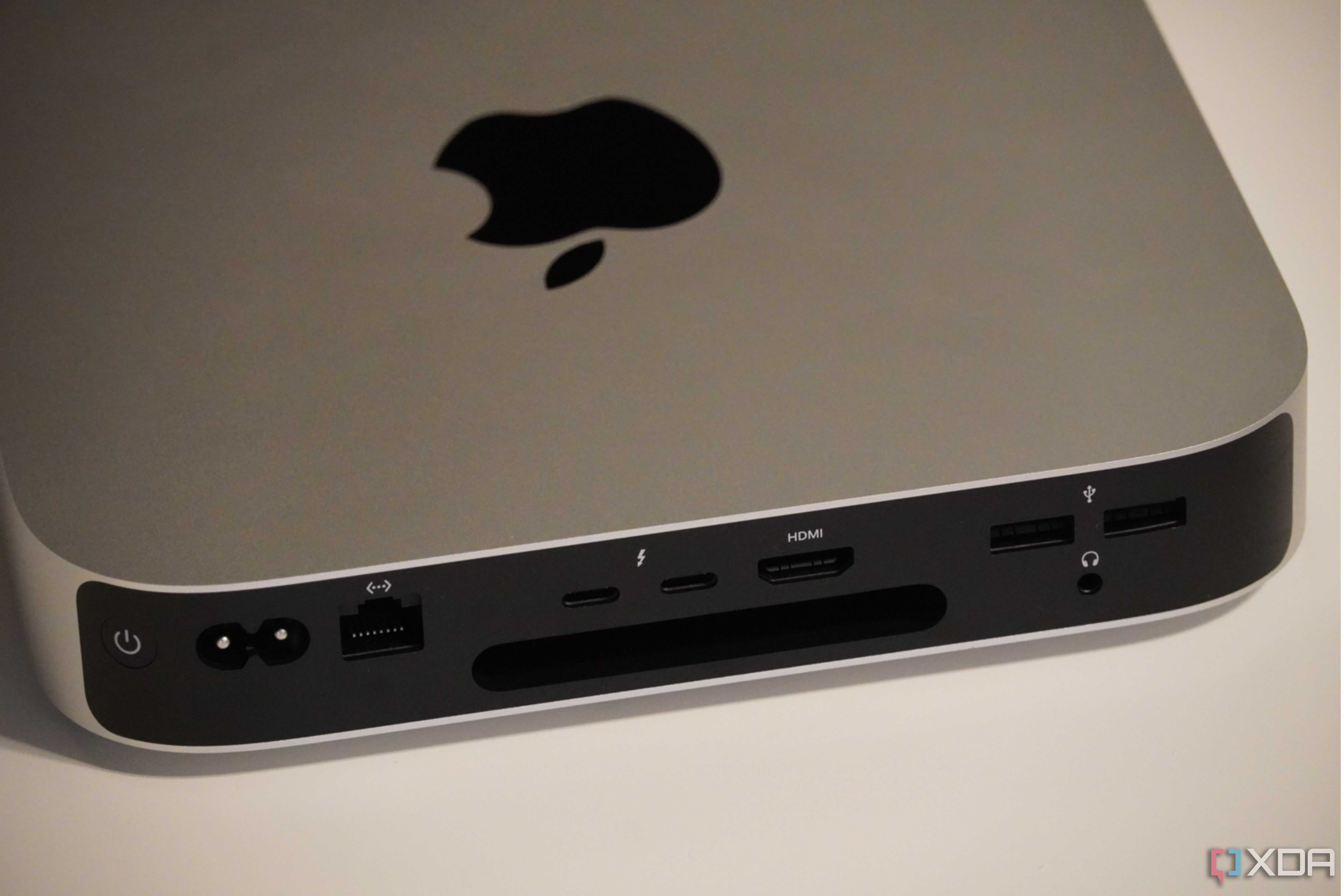 The ports on the back of a Mac Mini.