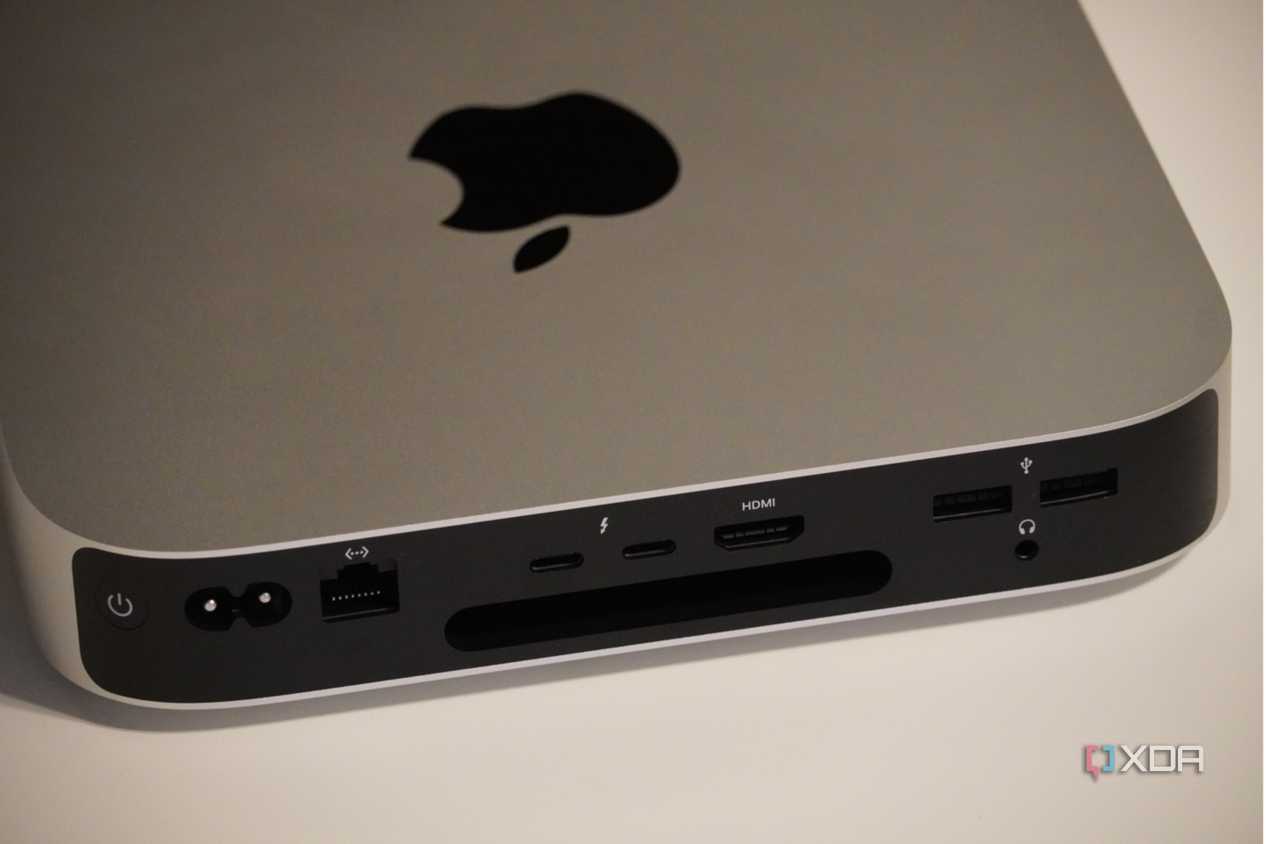 The ports on the back of a Mac Mini.