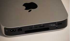 The ports on the back of a Mac Mini.