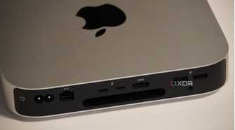The ports on the back of a Mac Mini.