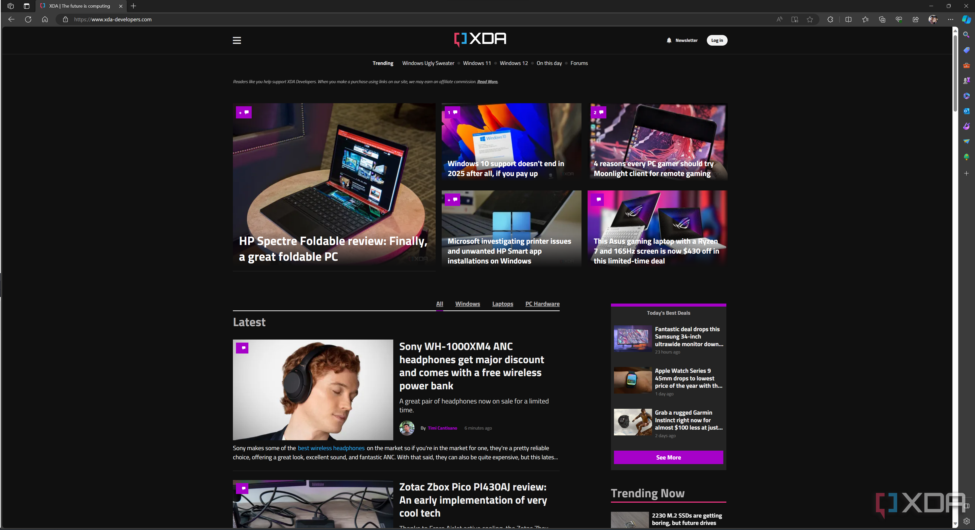 Screenshot of Microsoft Edge displaying the XDA homepage