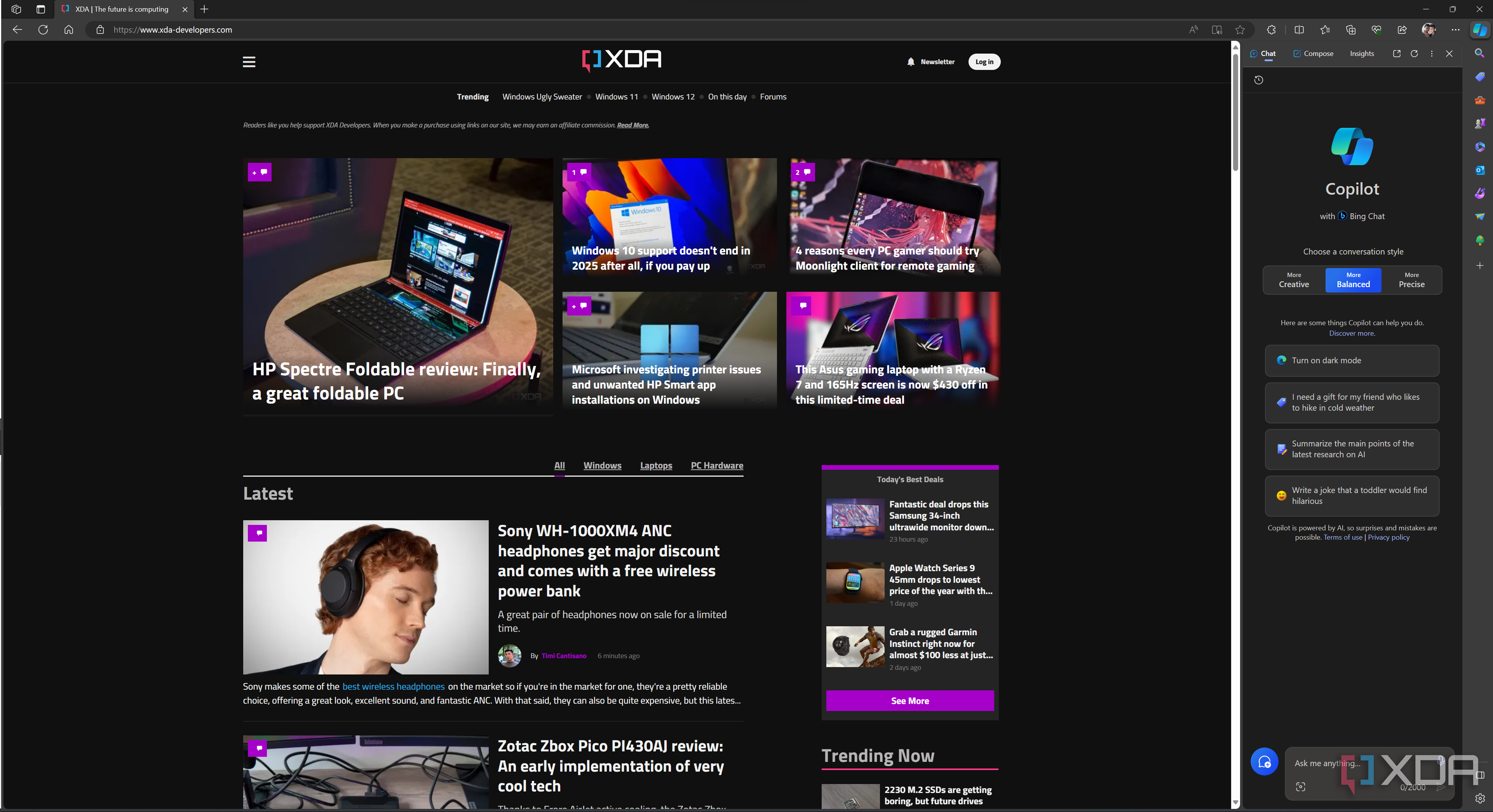 Screenshot of Microsoft Edge displaying the XDA homepage with the Copilot sidebar enabled