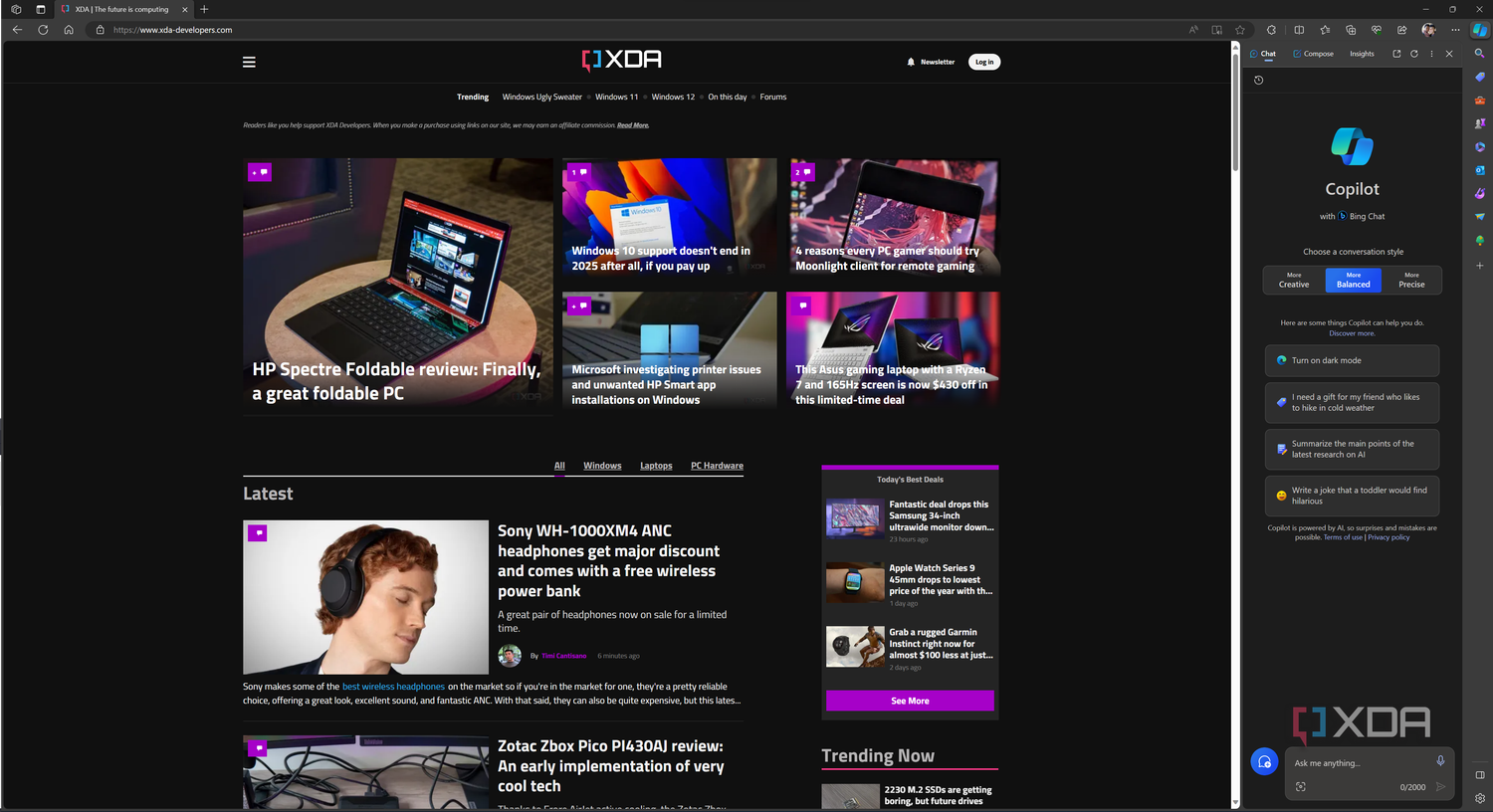 Screenshot of Microsoft Edge displaying the XDA homepage with the Copilot sidebar enabled