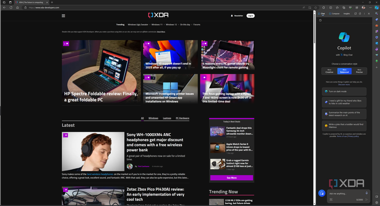 Screenshot of Microsoft Edge displaying the XDA homepage with the Copilot sidebar enabled