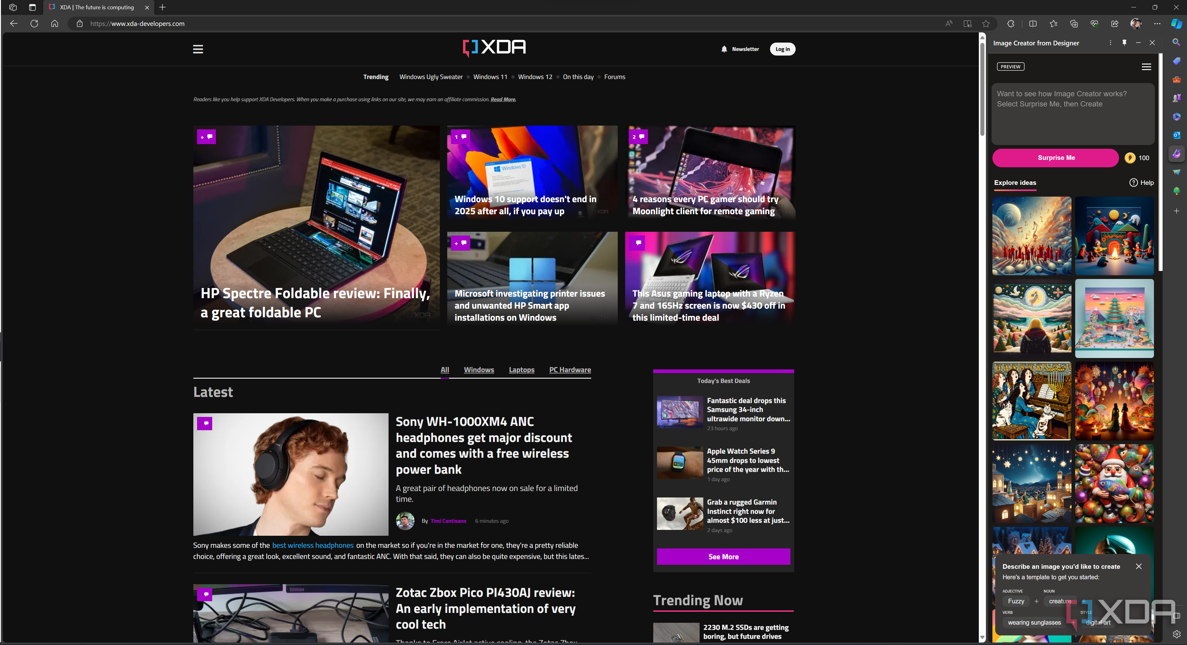 Screenshot of Microsoft Edge displaying the XDA homepage with the sidebar showing Microsoft Designer