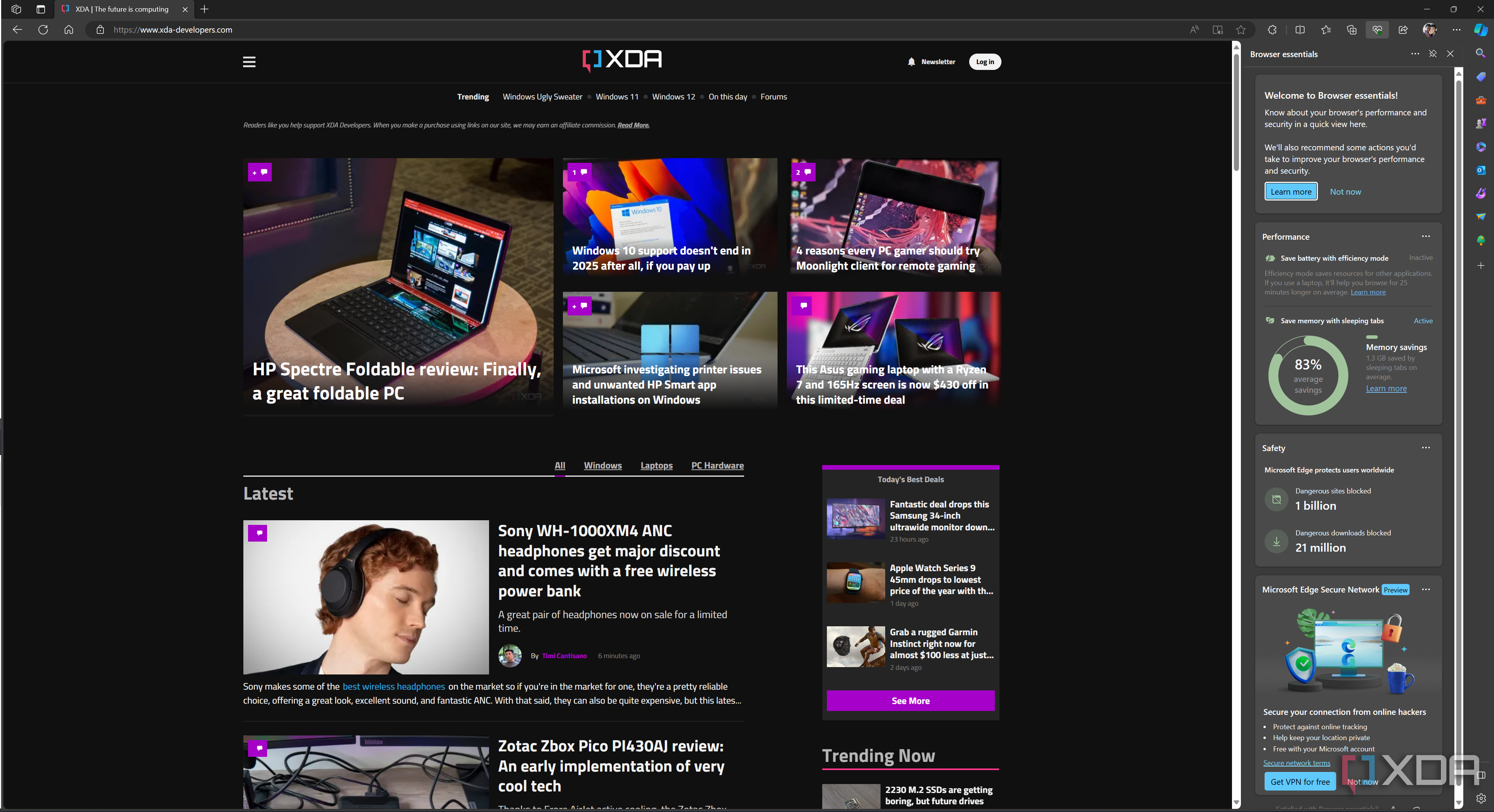 Screenshot of Microsoft Edge displaying the XDA homepage with energy saver and other built-in tools shown on the sidebar