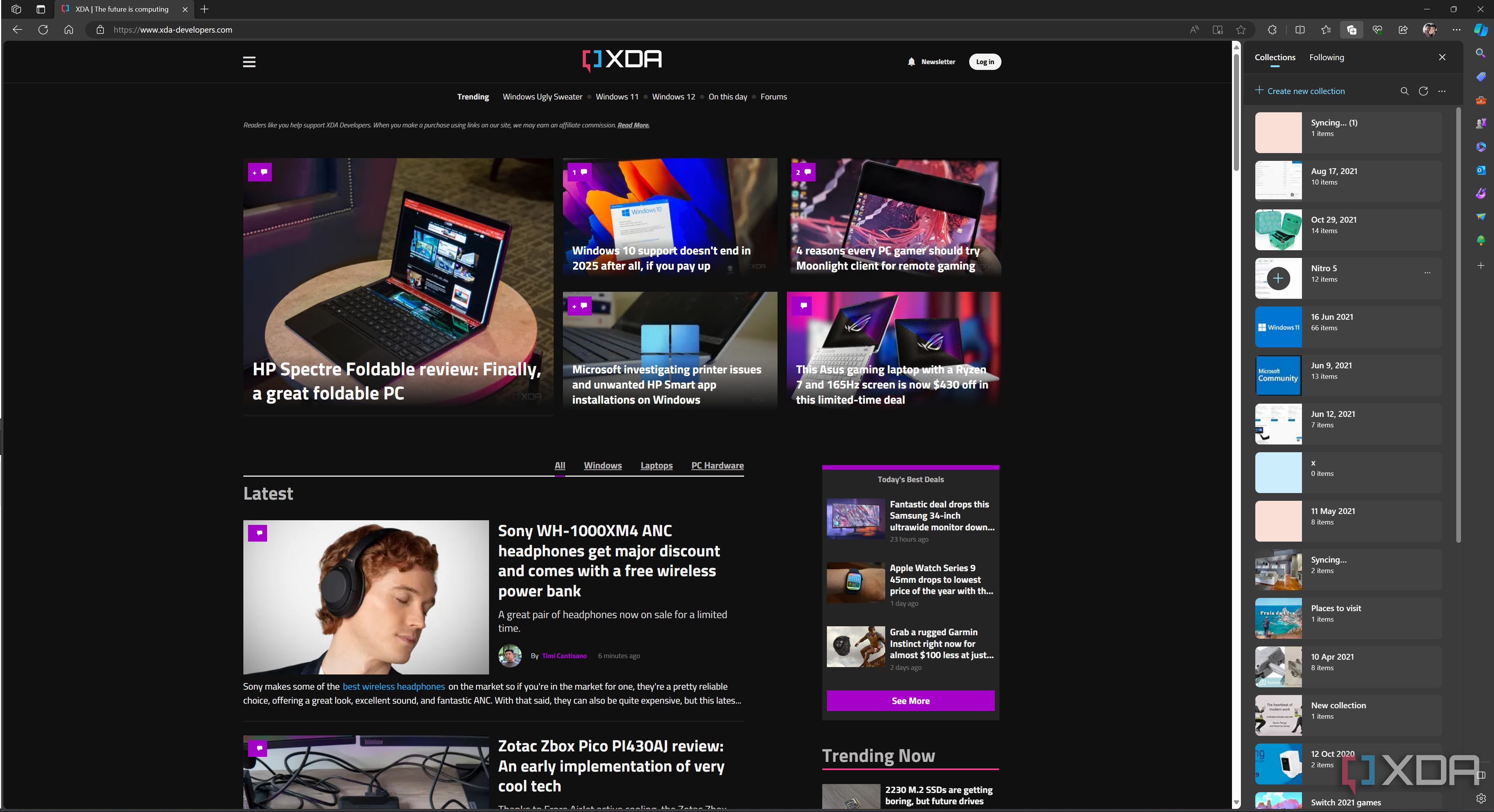 Screenshot of Microsoft Edge displaying the XDA homepage with the sidebar showing the user's collections