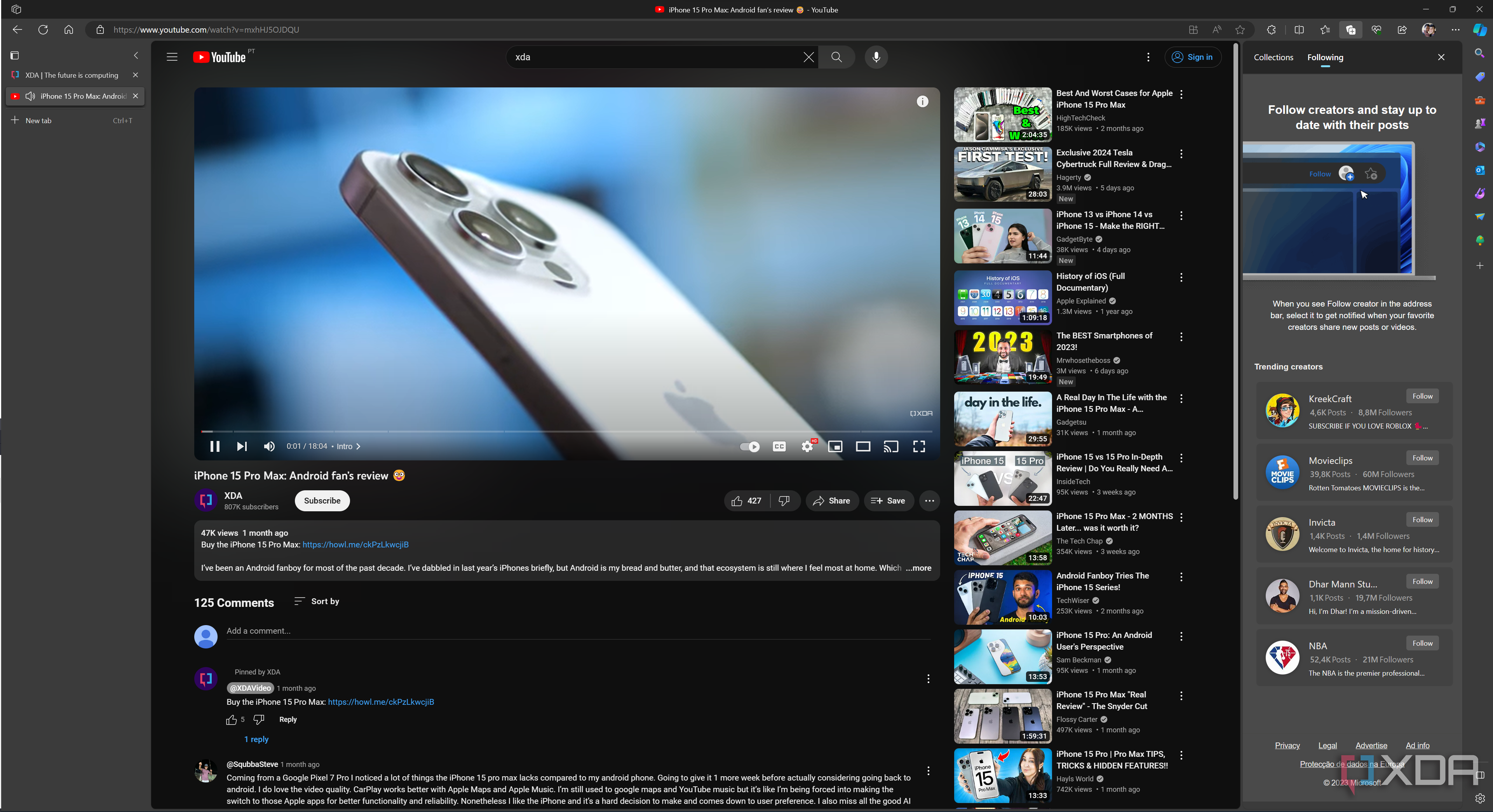 Screenshot of Microsoft Edge displaying a YouTube video with the Following feed shown on the right and vertical tabs enabled
