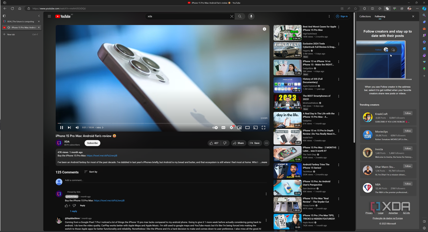 Screenshot of Microsoft Edge displaying a YouTube video with the Following feed shown on the right and vertical tabs enabled