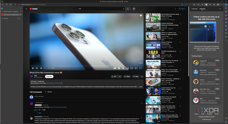 Screenshot of Microsoft Edge displaying a YouTube video with the Following feed shown on the right and vertical tabs enabled