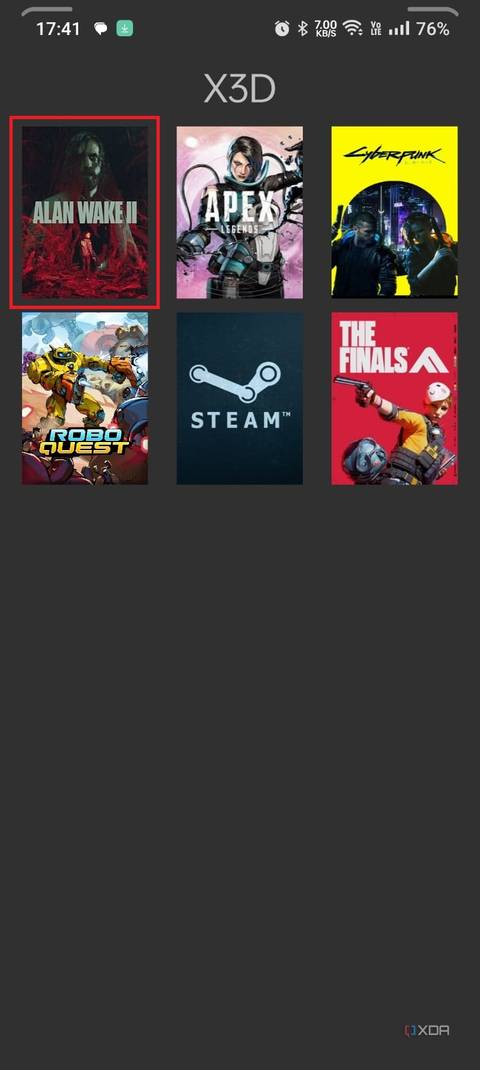 A screenshot showing the Moonlight app with highlighted Alan Wake 2 game box art.