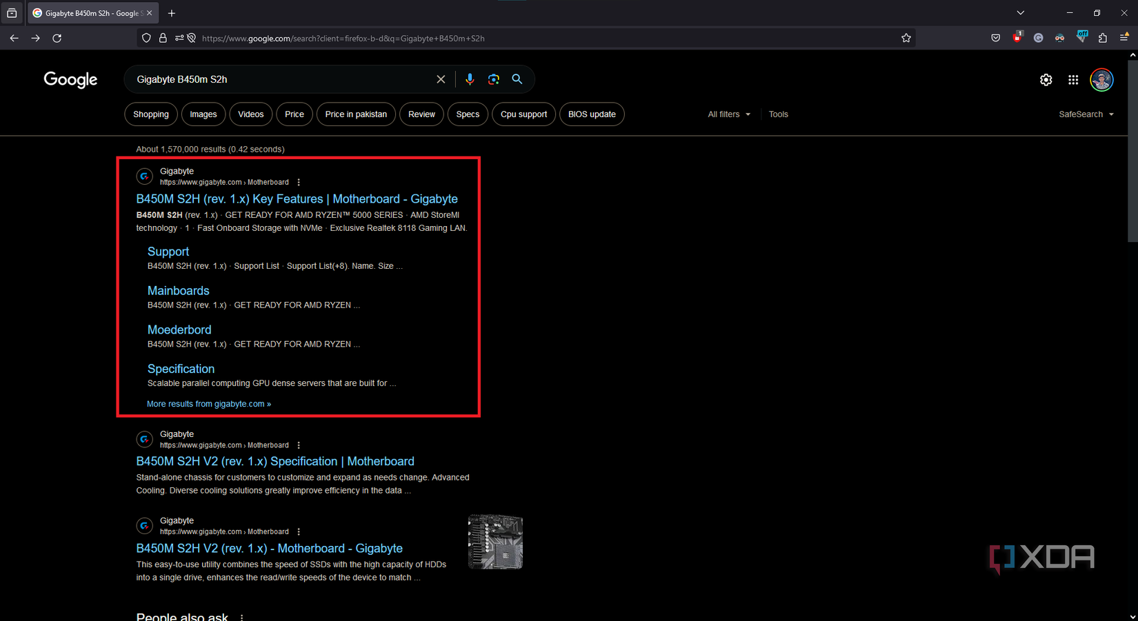 the first official search result of the motherboard highlighted