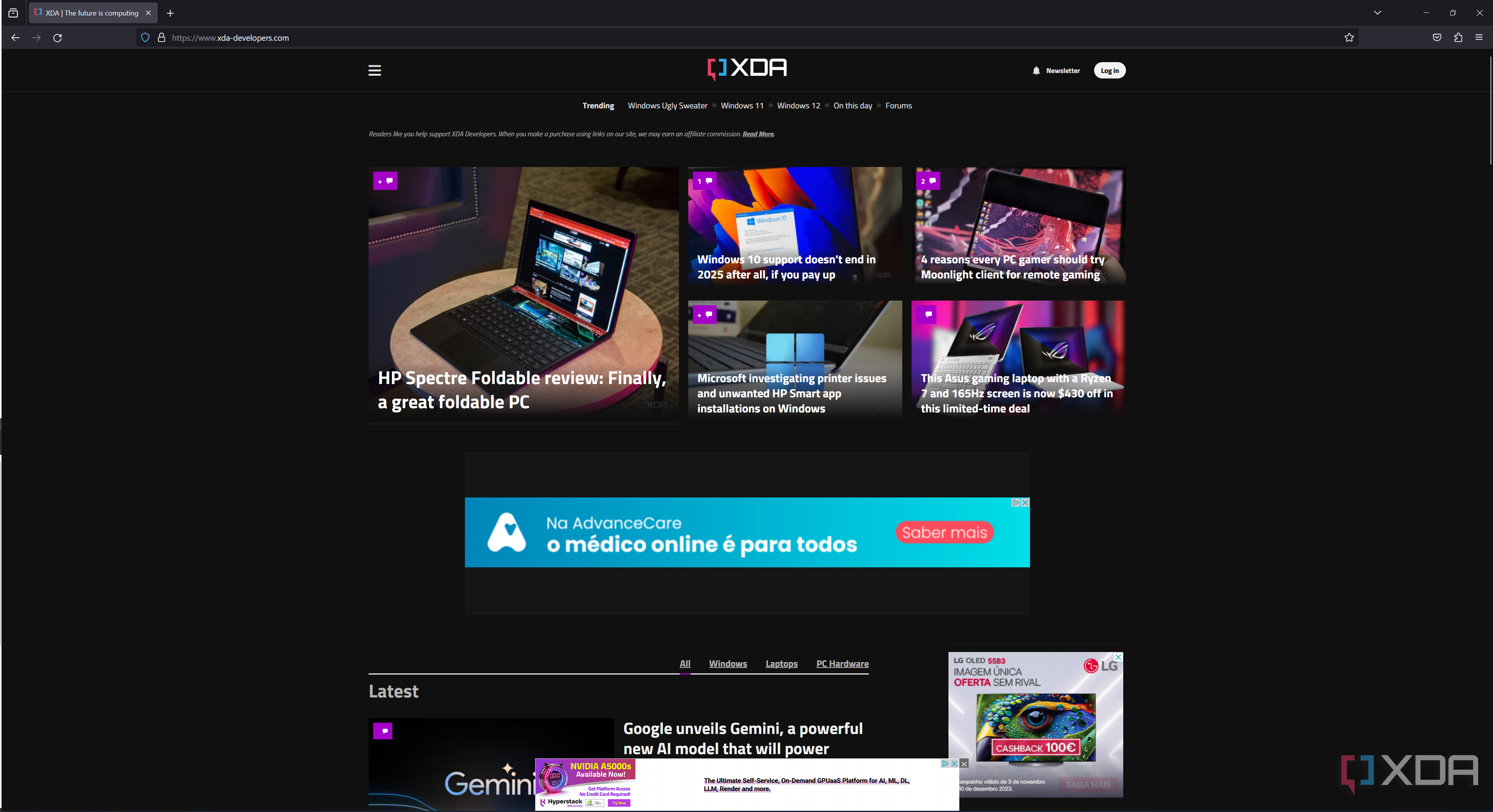 Screenshot of Mozilla Firefox displaying the XDA homepage
