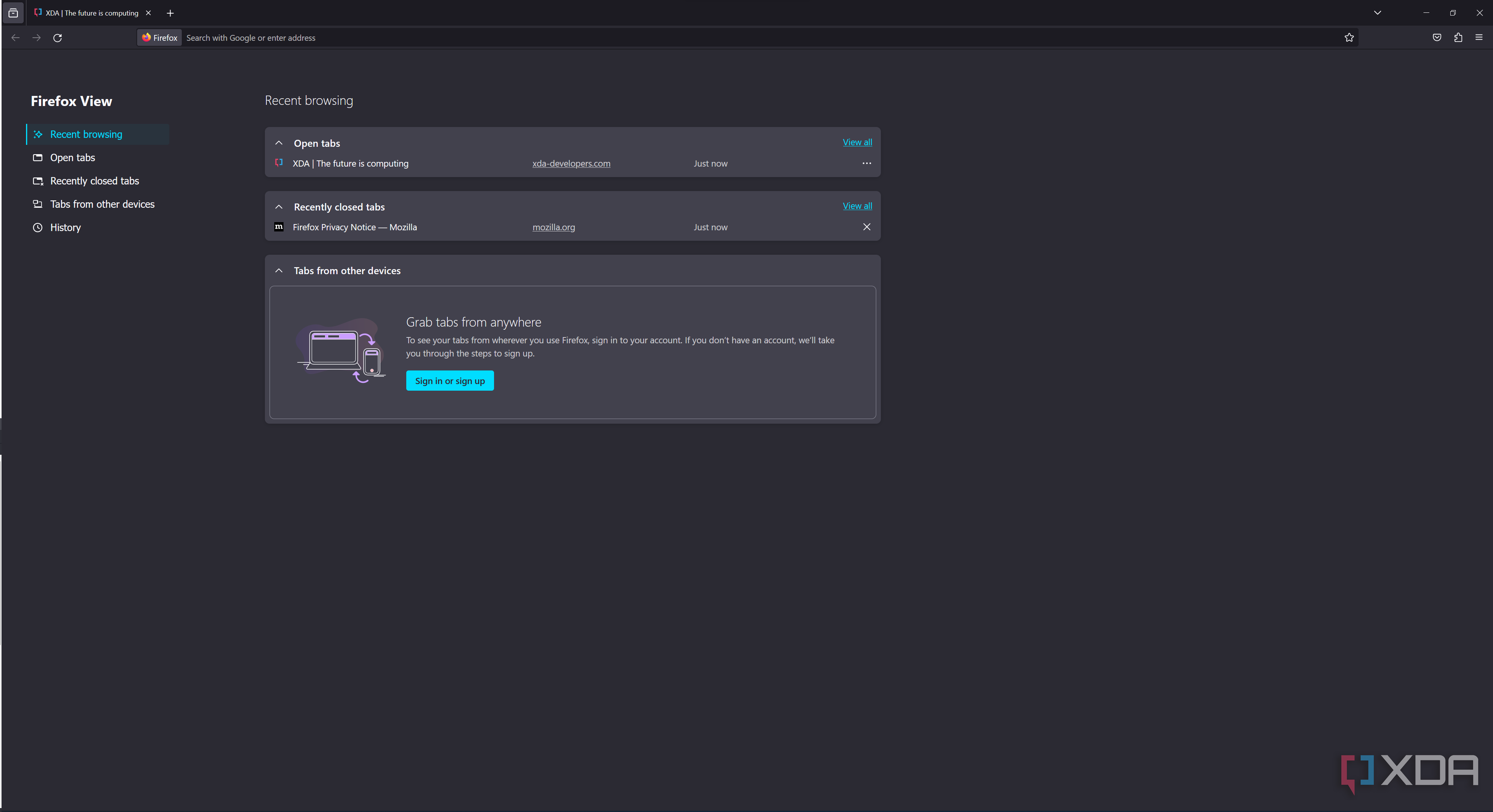 Screenshot of Firefox View in Mozilla Firefox