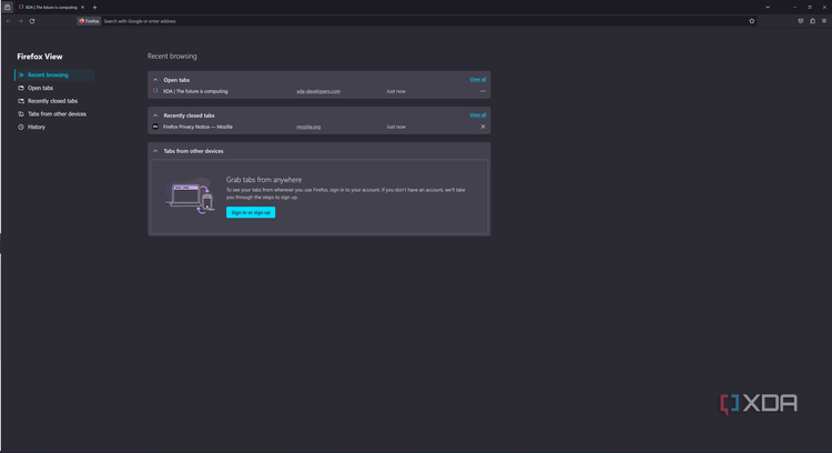 Screenshot of Firefox View in Mozilla Firefox