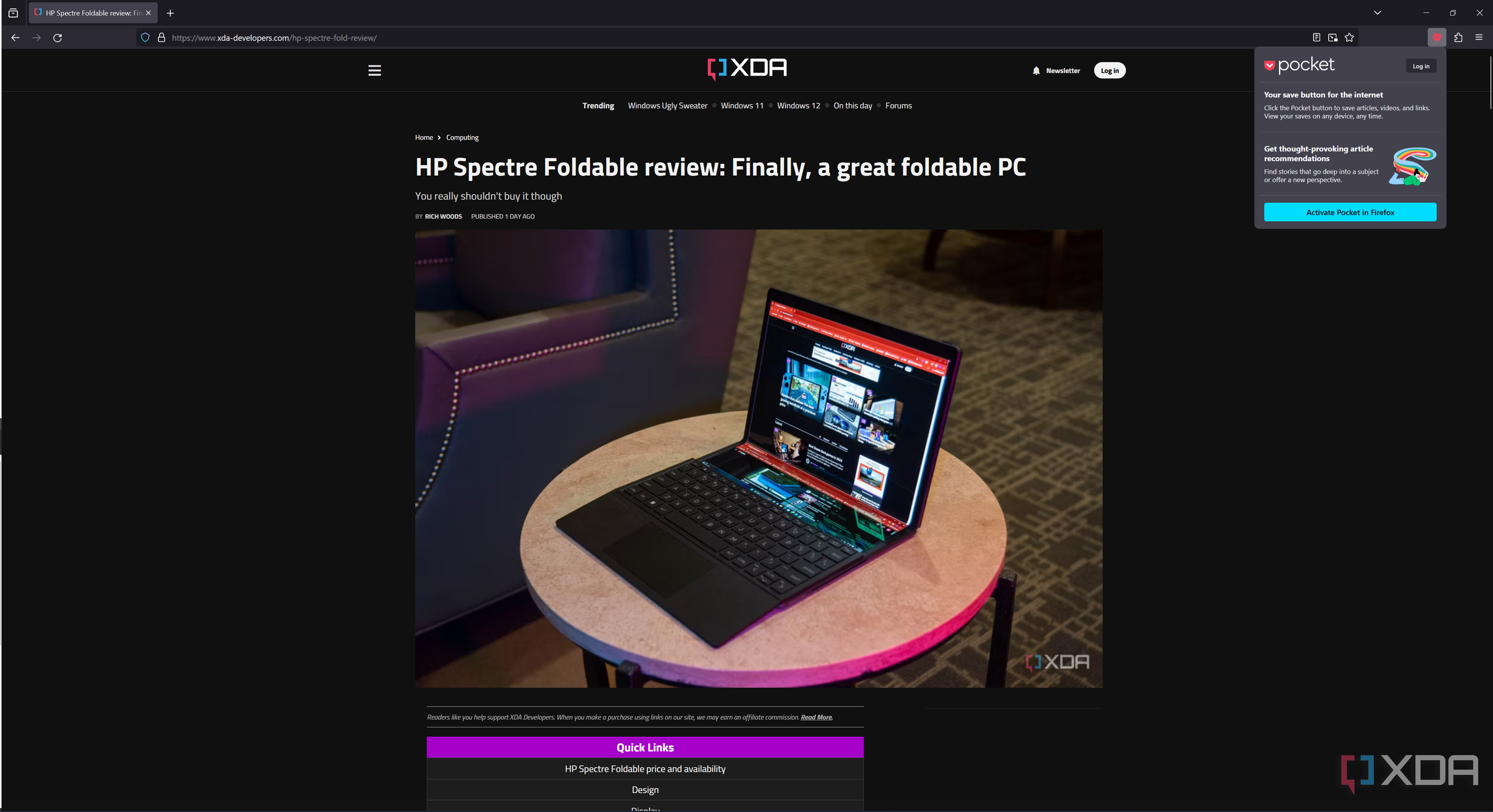 Screenshot of Mozilla Firefox displaying an XDA article with the Pocket menu open