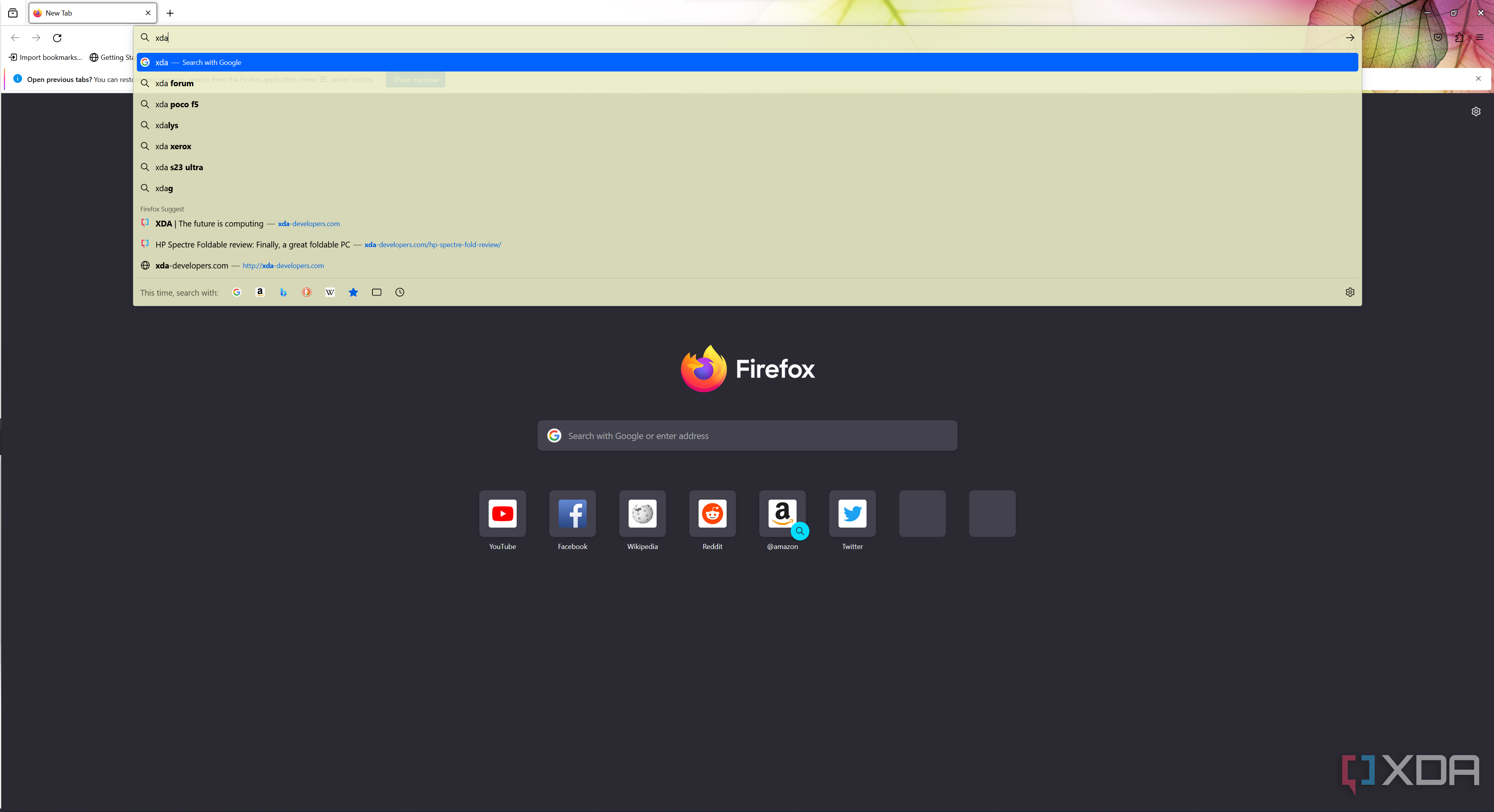 Screenshot of the Mozilla Firefox homepage with URL search results open