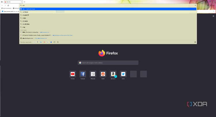Screenshot of the Mozilla Firefox homepage with URL search results open