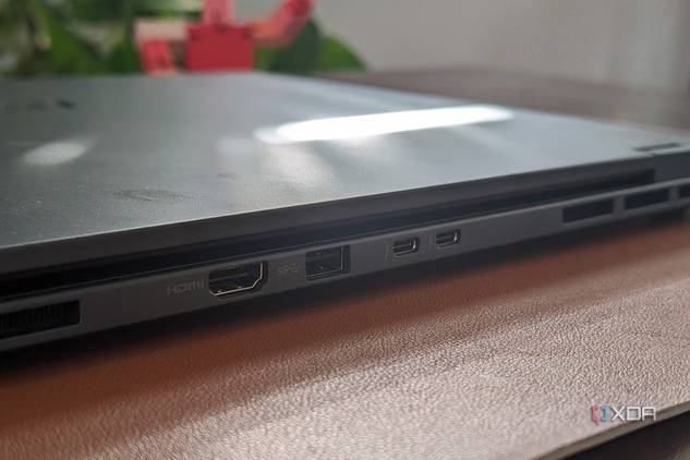 A photo of the ports on the back side of the MSI Prestige Evo 16 AI showing HDMI, USB-A and Thunderbolt