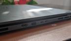 A photo of the ports on the back side of the MSI Prestige Evo 16 AI showing HDMI, USB-A and Thunderbolt