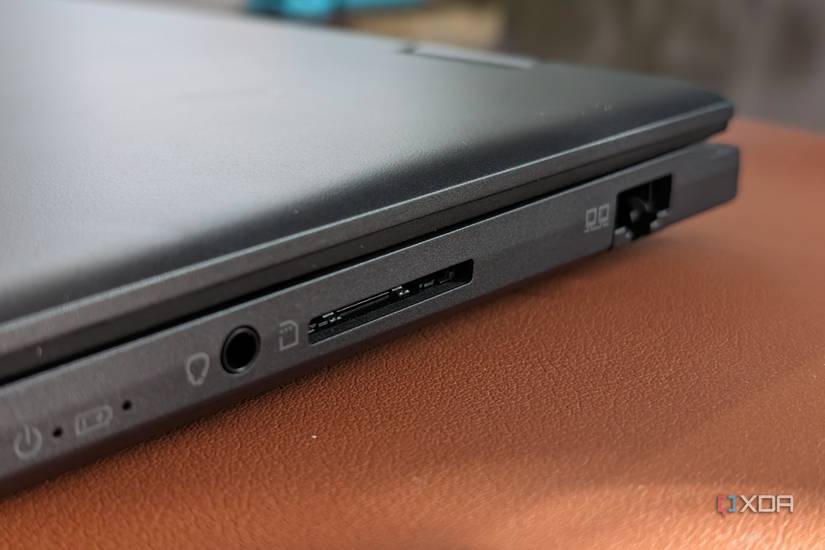 A photo of the ports on the right side of the MSI Prestige Evo 16 AI showing the SD card slot and the Ethernet port