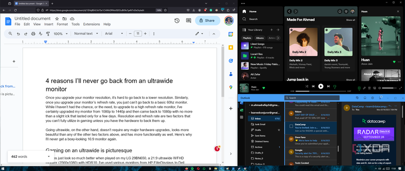 multitasking on an ultrawide monitor screenshot with browser, spotify and mail open at once