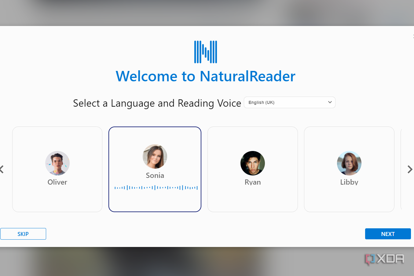 Natural reader showing the selection of voices on installation