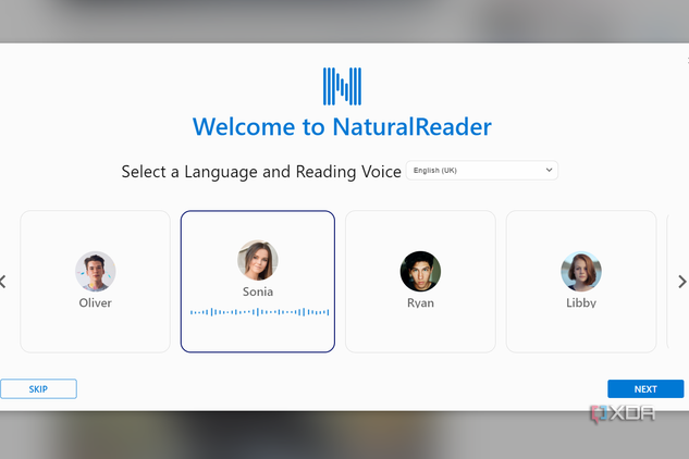 Natural reader showing the selection of voices on installation