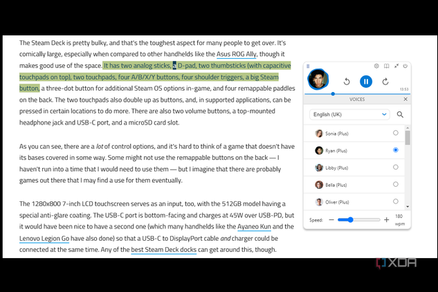 Natural reader interace showing highlighted text that's being read