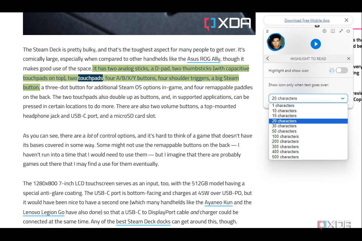 Natural reader interface showing character highlight tool