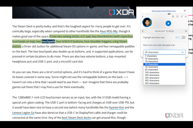 Natural reader interface showing character highlight tool