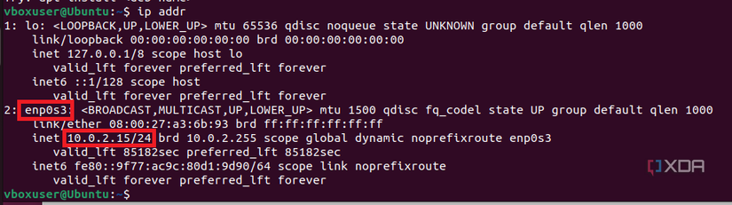 ip addr output, showing the enp0s3 network interface and an internal IP of 10.0.2.15