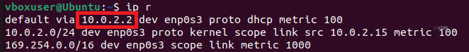 ip r command showing the default gateway to be 10.0.2.2.