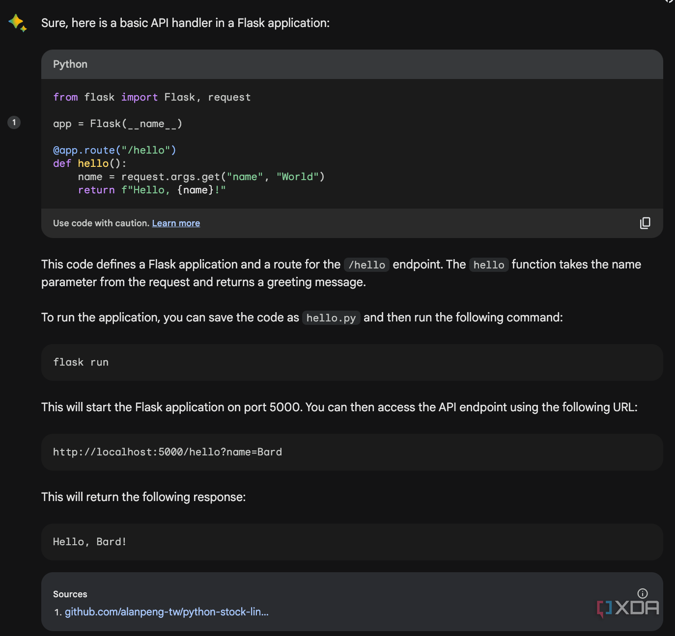 Bard PaLM giving code for creating a Basic API handler in Flask