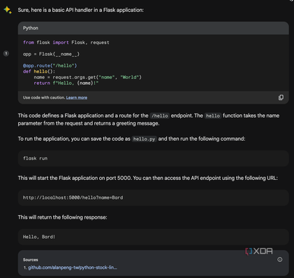 Bard PaLM giving code for creating a Basic API handler in Flask