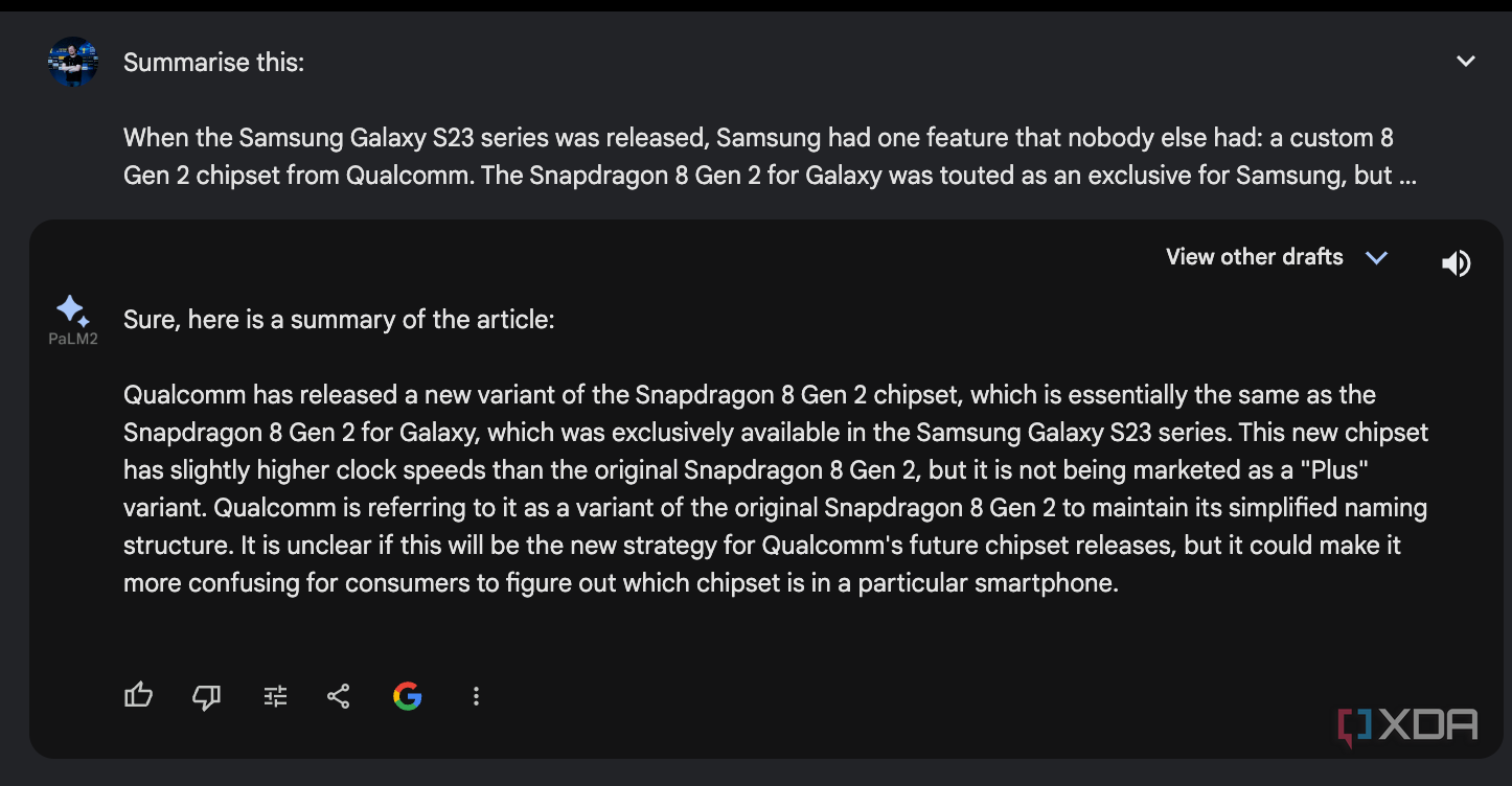 Google Bard PaLM summarises an XDA article about the Snapdragon 8 Gen 2