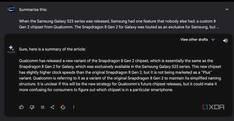 Google Bard PaLM summarises an XDA article about the Snapdragon 8 Gen 2