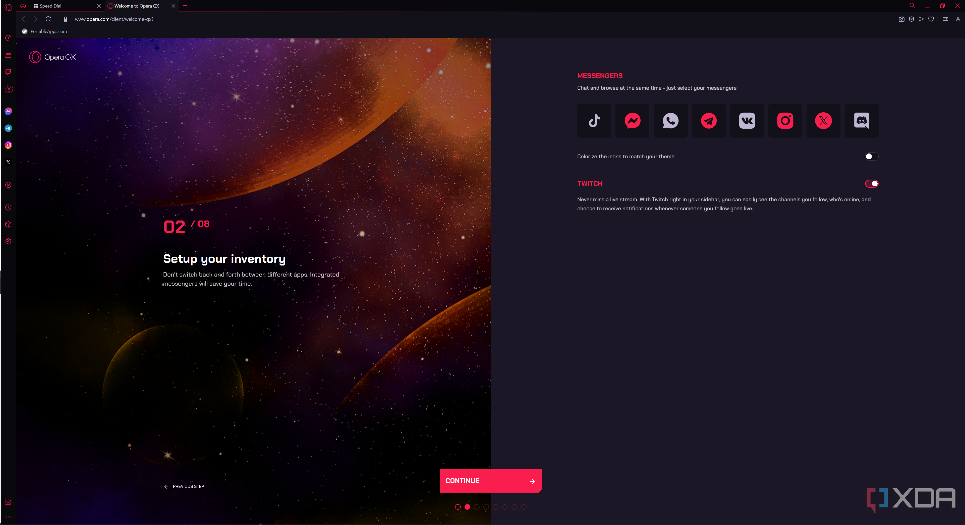 Screenshot of Opera GX setup asking the user which social networks to show on the sidebar