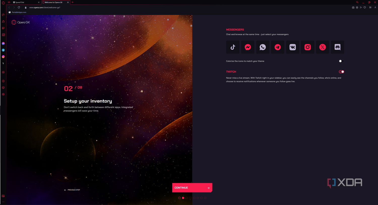 Screenshot of Opera GX setup asking the user which social networks to show on the sidebar