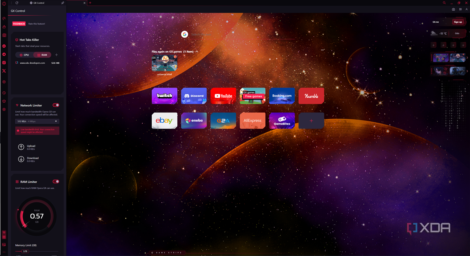 Screenshot of Opera GX displaying the GX Control sidebar to help manage resource usage