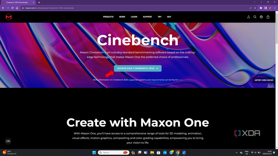 A screenshot of the Cinebench website showcasing the download page for Cinebench 2024 with an arrow pointing to the download button.