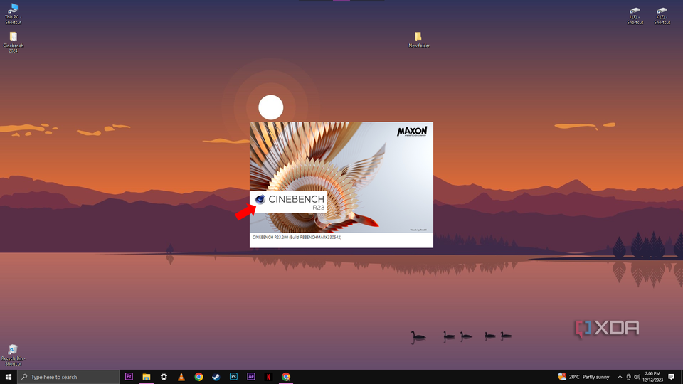 A desktop view with a Cinebench R23 software window open, an arrow points to the software version details.