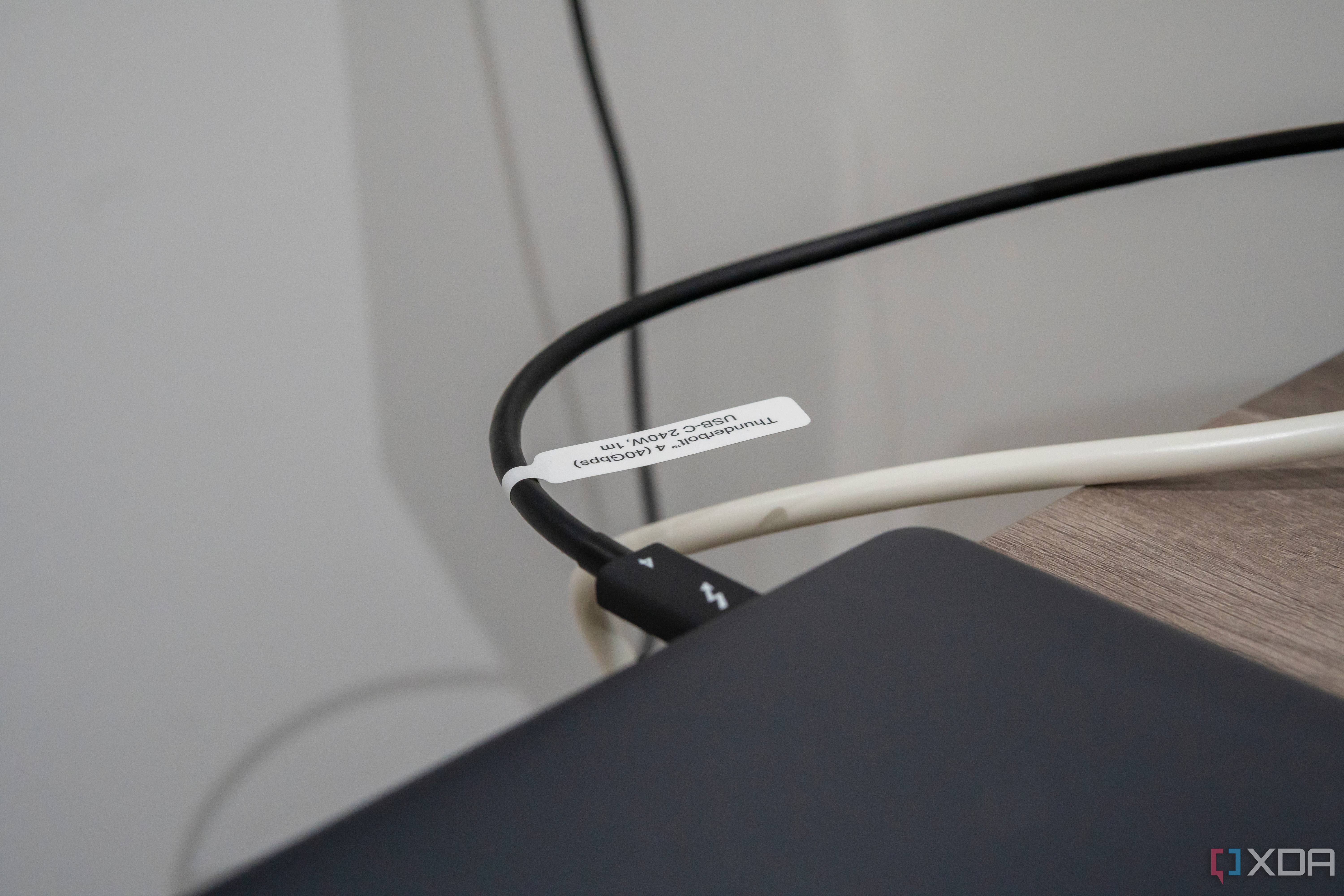 Close-up view of the THunderbolt 4 cable included with the Plugable TBT4-UDX1