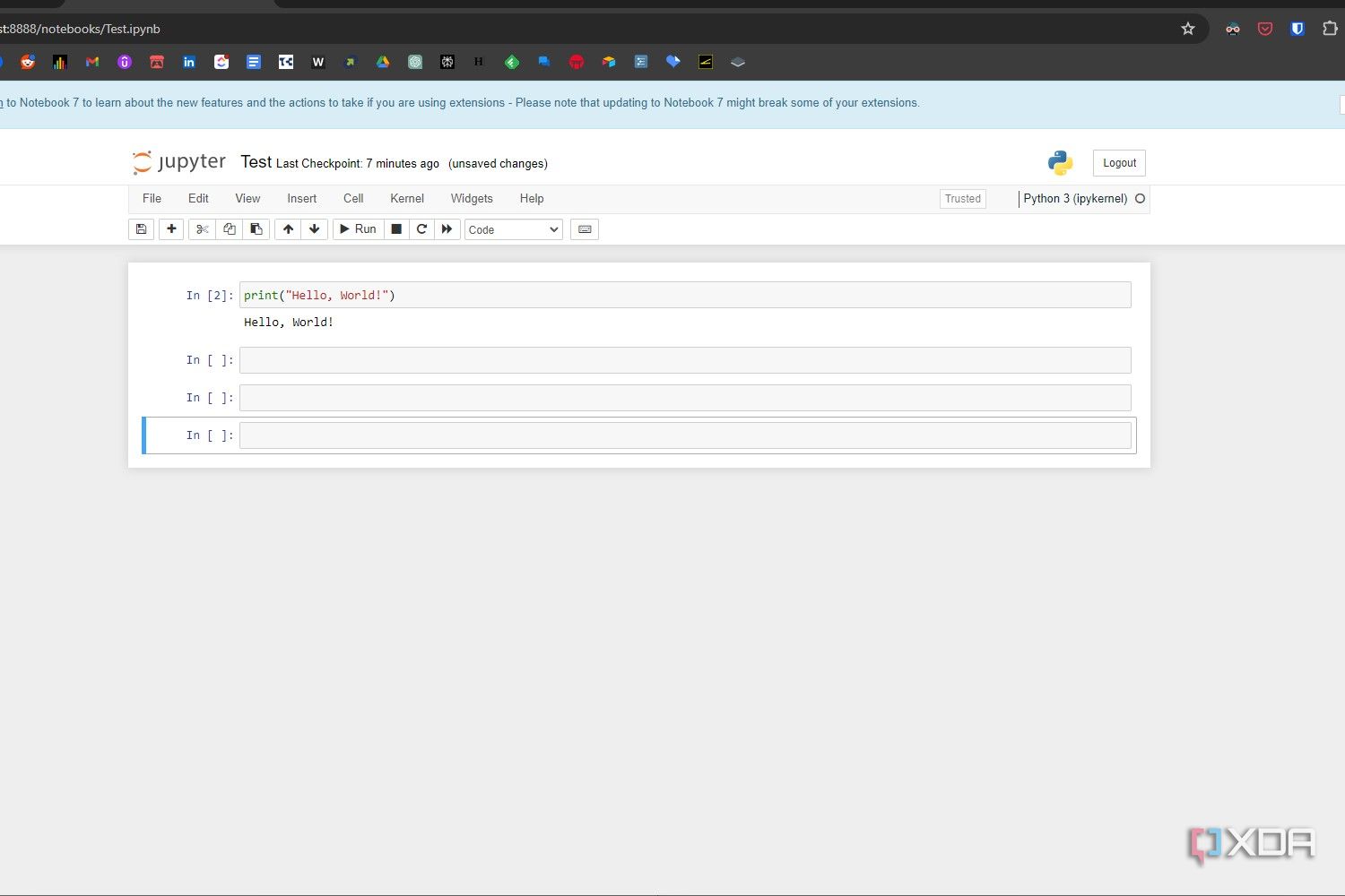 Windows 11 screenshot that shows a simple Hello World code in Python running in Jupyter Notebook.