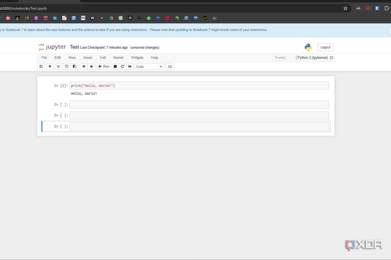 Windows 11 screenshot that shows a simple Hello World code in Python running in Jupyter Notebook.