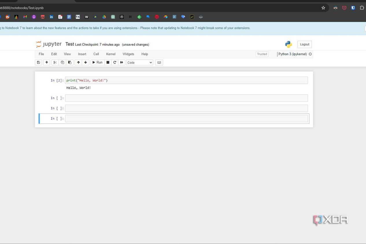 Windows 11 screenshot that shows a simple Hello World code in Python running in Jupyter Notebook.